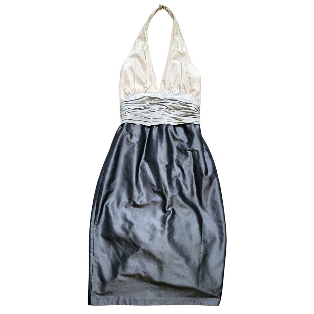 Vintage Y2K Kay Unger Sz 8 Dress Silk Midi Halter Gray Colorblock Formal Satin